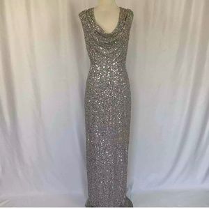 Adrianna Papell Formal Dress Silver Sequin Cowl Neck Long Gown